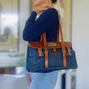 Rare D&G Natural Leather and Denim Shoulder Bag
